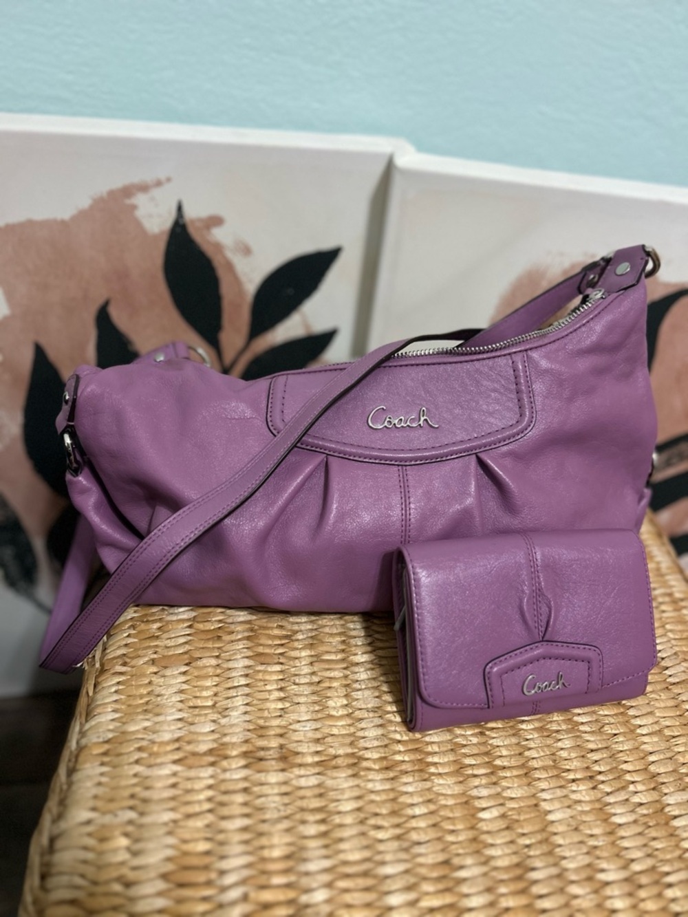 Coach Lavender Purple Leather Shoulder Bag with Matching Wallet
